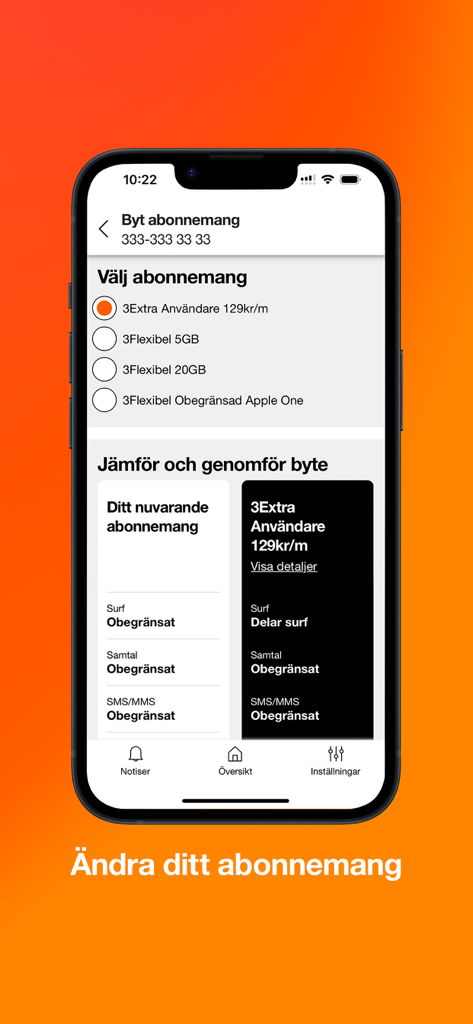 Mitt3 app screen showing how to select and compare mobile subscription plans in Swedish