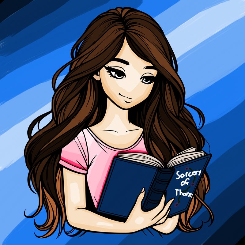 realistic girl with long hair, reading a book