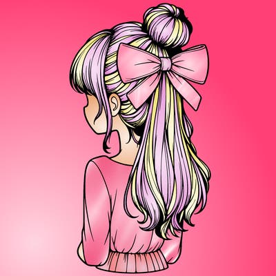 realistic girl  with hip length hair a bun and a big bow on the back of head