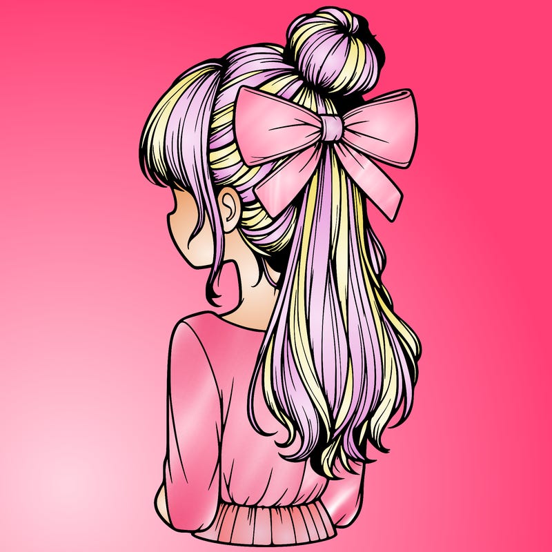 realistic girl  with hip length hair a bun and a big bow on the back of head