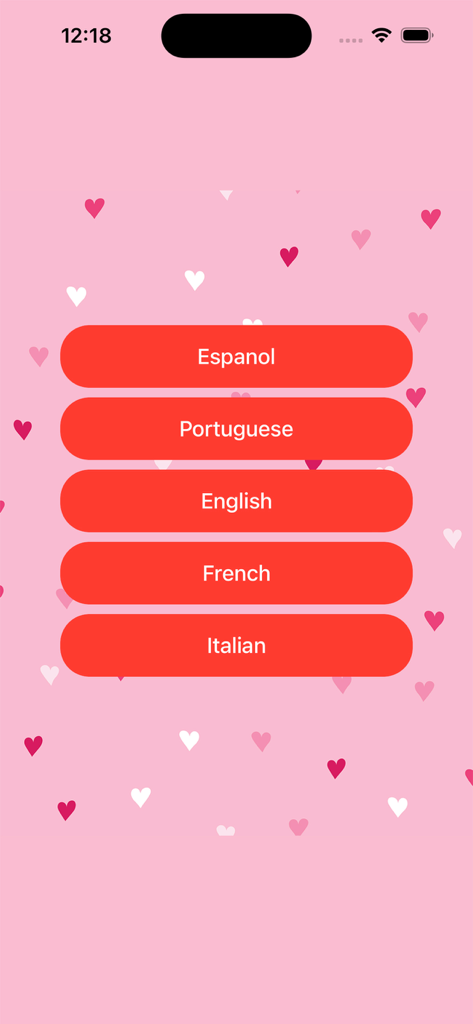 Love messages Love quotes - Language selection menu for Express Love messages and quotes app with buttons for English Spanish French Italian and Portuguese