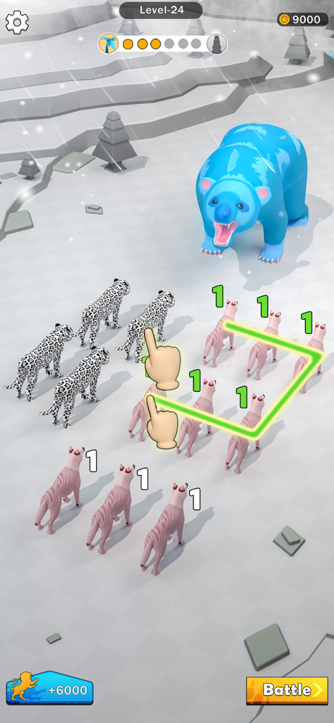 Merge Animal - Dinosaur Fight - Gameplay of Merge Animal Dinosaur Fight showing animal merging to battle a giant blue bear