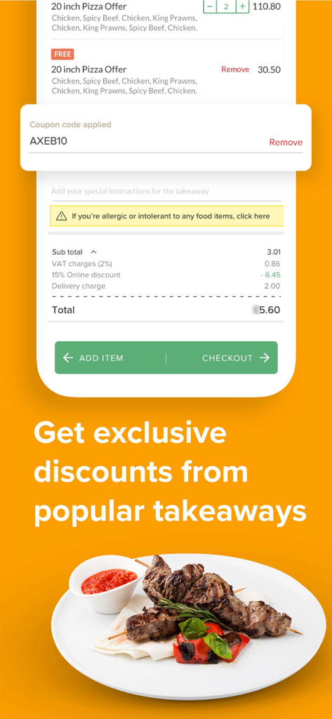 Schermata dell'app BigFoodie che mostra un buono sconto applicato al checkout con un piatto di spiedini grigliati