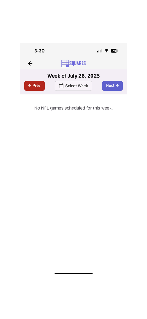 Screenshot of the My Squares! app schedule view showing no NFL games for the selected week