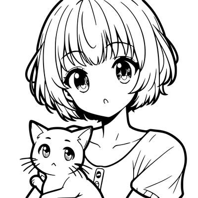 anime girl with short hair and a cat