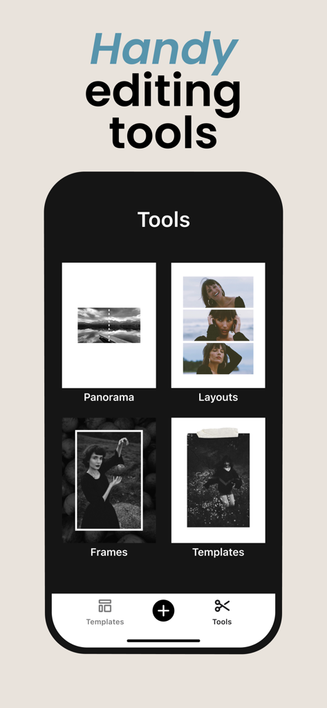 Interfaz de la aplicación PANO que muestra herramientas de edición prácticas que incluyen cuadros y plantillas de diseño panorámico