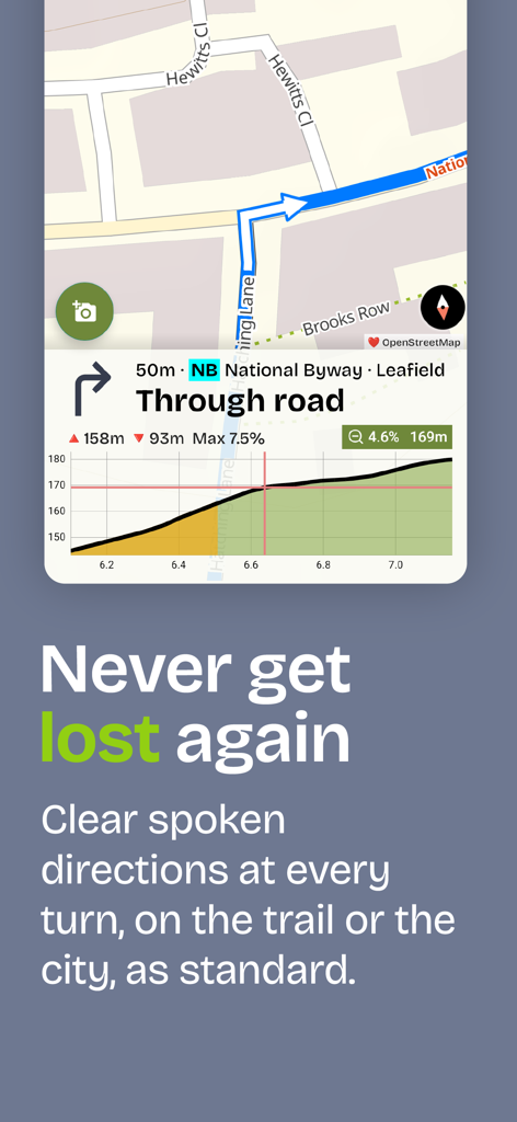 Mobile app screenshot showing cycle route navigation with a map and elevation profile graph