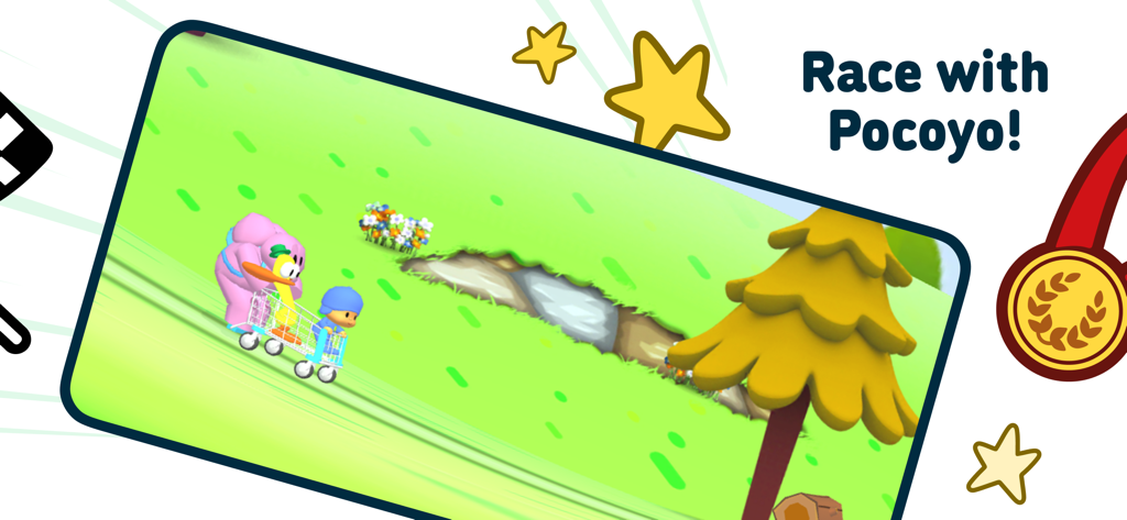 Pocoyo et ses amis dévalent une colline verte dans un caddie