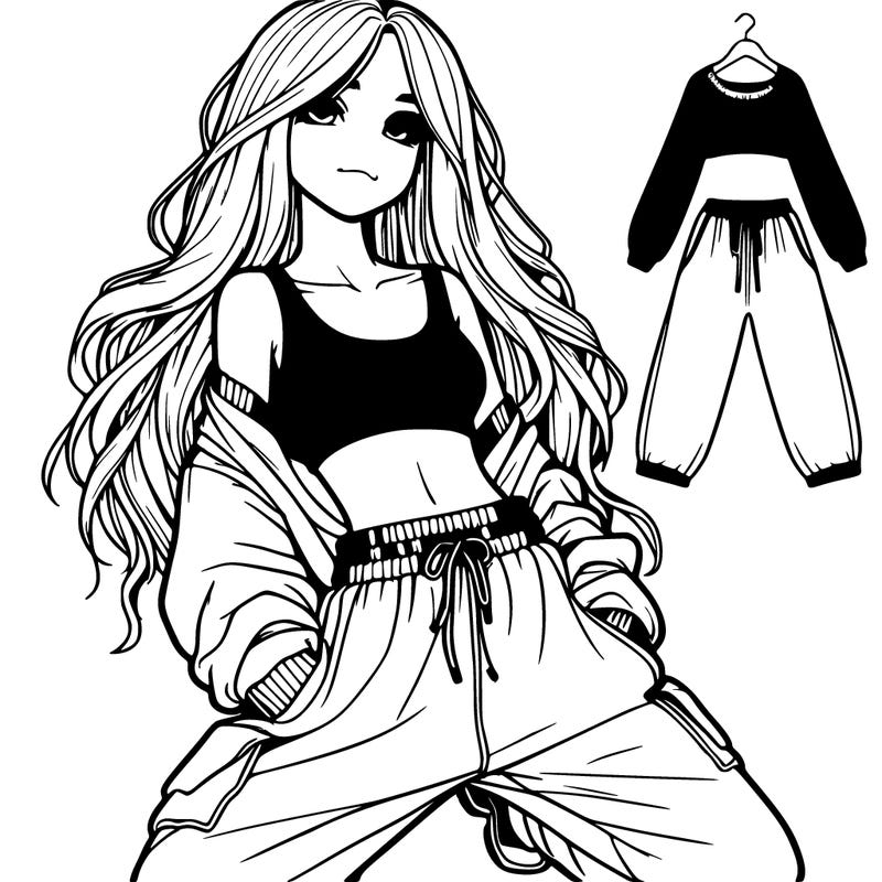 realistic girl with long hair baggy crop top and baggy sweatpants