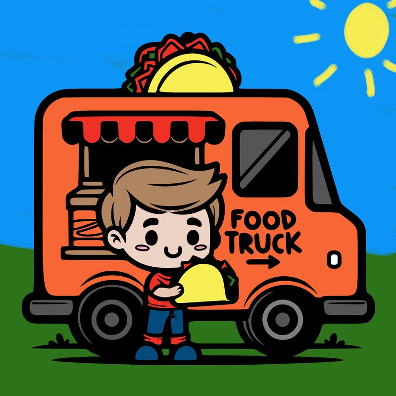 cartoonist food truck logo of a little boy holding a taco