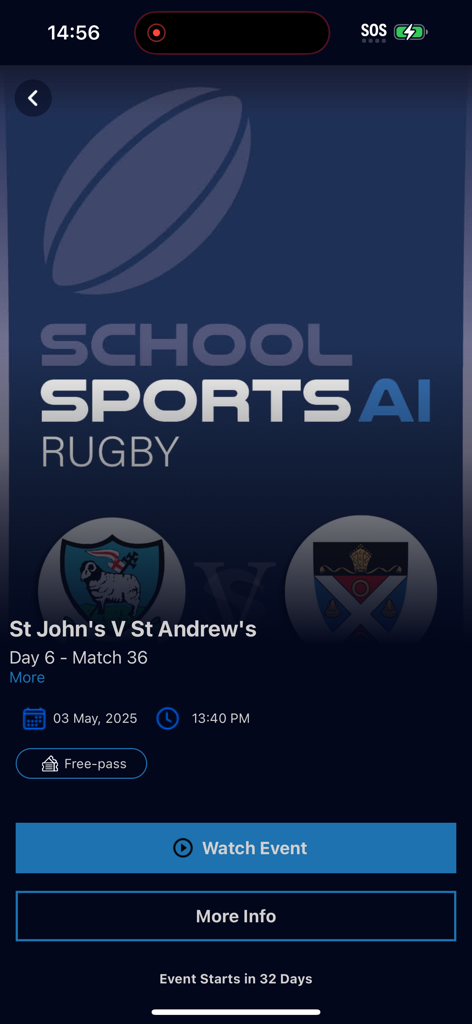 My Sports Ai - Event screen for a school rugby match between St Johns and St Andrews on the My Sports Ai mobile app