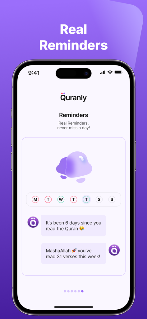 Eine mobile Benutzeroberfläche, die die Erinnerungsfunktion der Quranly-App mit wöchentlicher Fortschrittsverfolgung zeigt