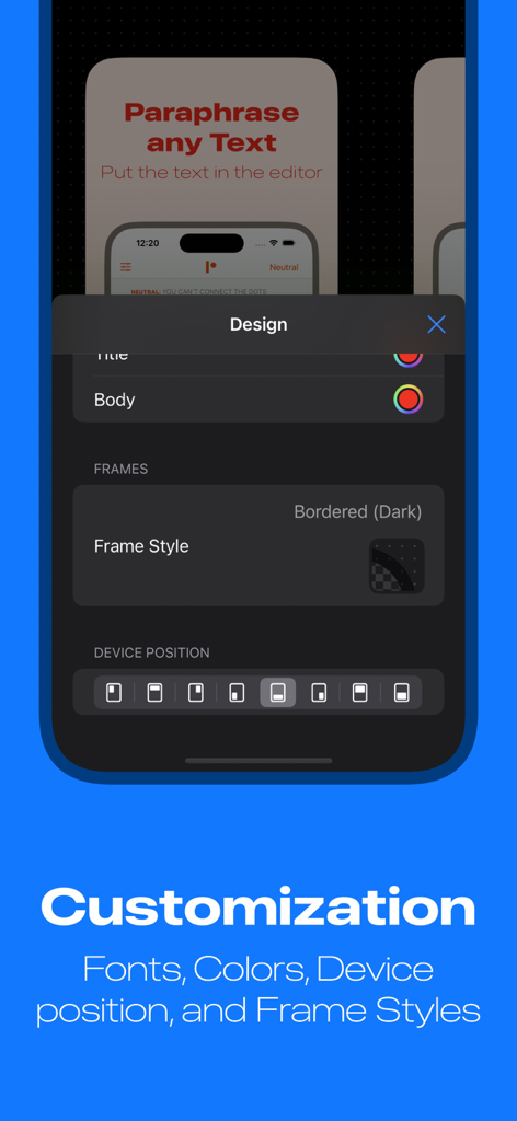 Screenshot Studio - App Mockup - Interface do Screenshot Studio mostrando opções de personalização para fontes, cores, molduras de dispositivos e posições de mockups.