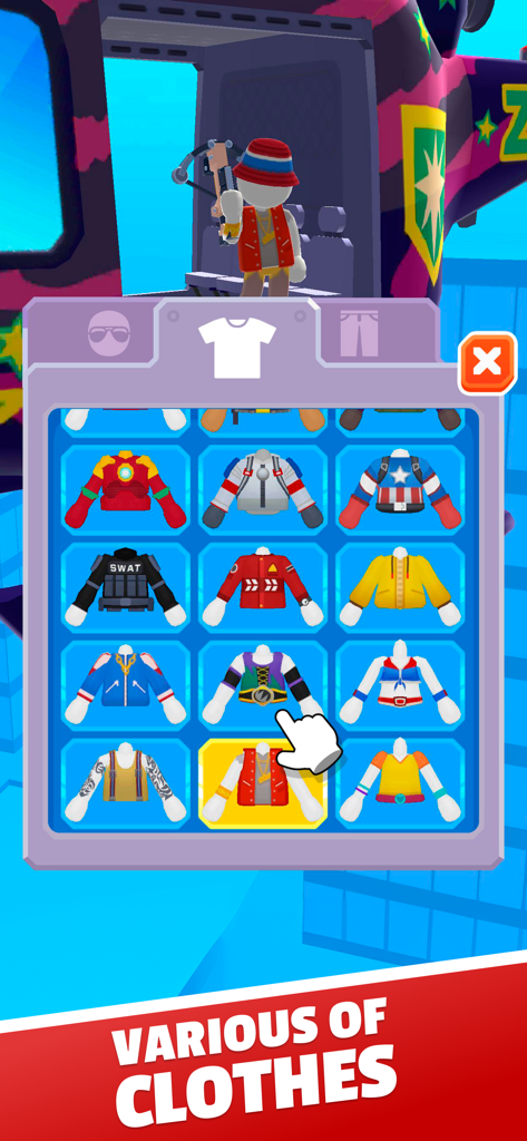 Pantalla de personalización de personaje que muestra una cuadrícula de varias opciones de ropa y atuendos en Helicopter Escape 3D