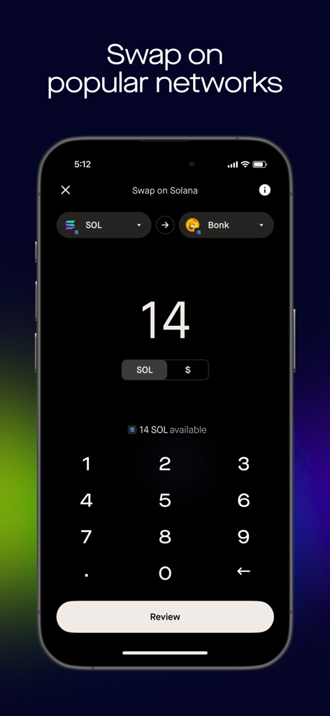 Robinhood Wallet: Swap Crypto - Interface do aplicativo móvel Robinhood Wallet para trocar SOL por tokens Bonk na rede Solana