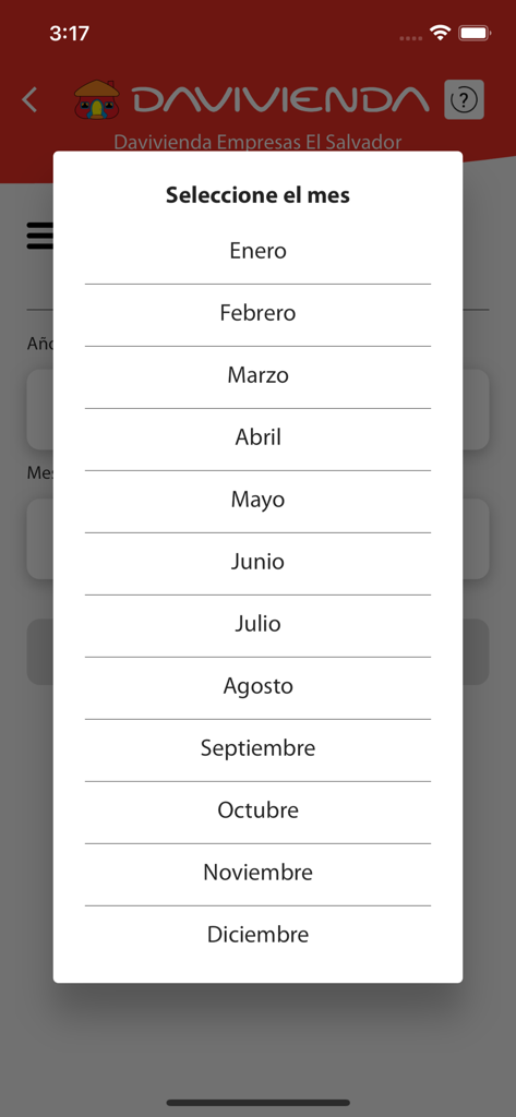 Pyme Davivienda - Menu de seleção de mês no aplicativo de mobile banking Pyme Davivienda