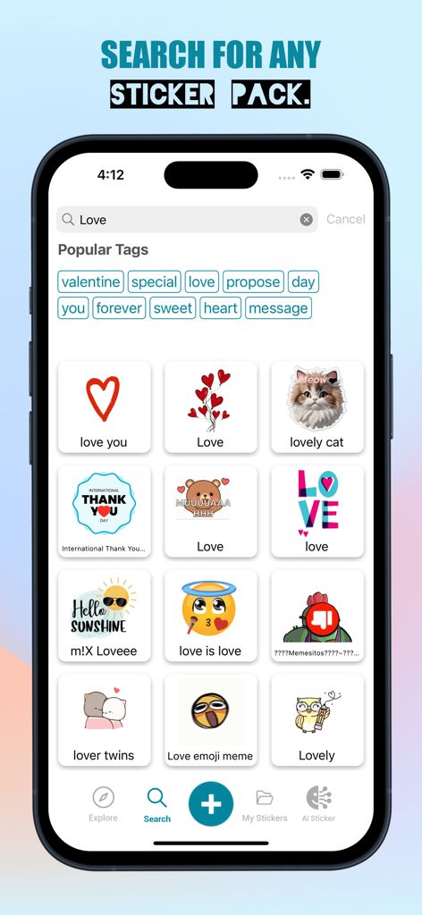 Search screen of the Sticker Maker app displaying love-themed sticker packs and popular tags on an iPhone.