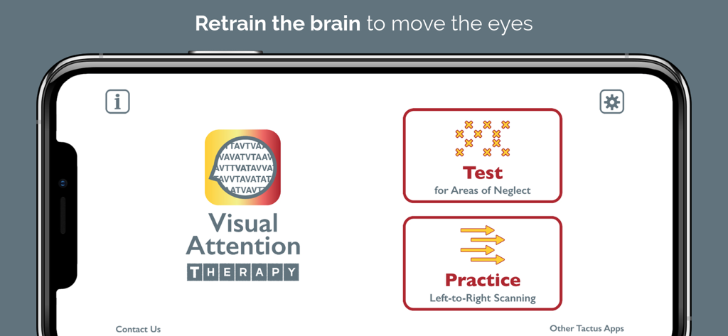 The main menu of the Visual Attention Therapy app showing options for Test for Areas of Neglect and Practice Left-to-Right Scanning.