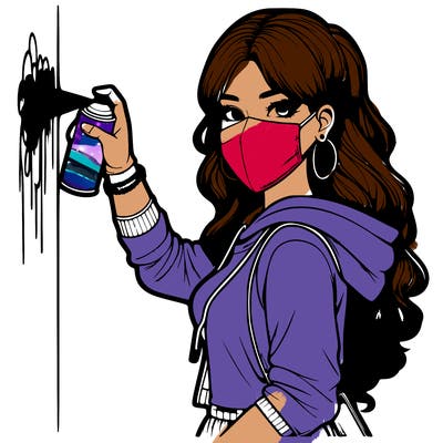 realistic girl with mask spray painting a wall
