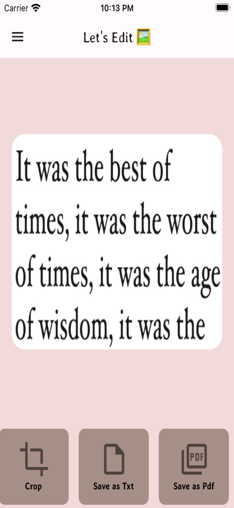 Copy Text From Image - トリミングしてPDFまたはTXTとして保存するオプションが表示された、画像からテキストを抽出したモバイルアプリ画面