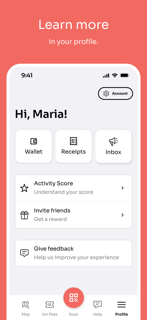 User profile screen of the Voi app displaying wallet receipts and activity score
