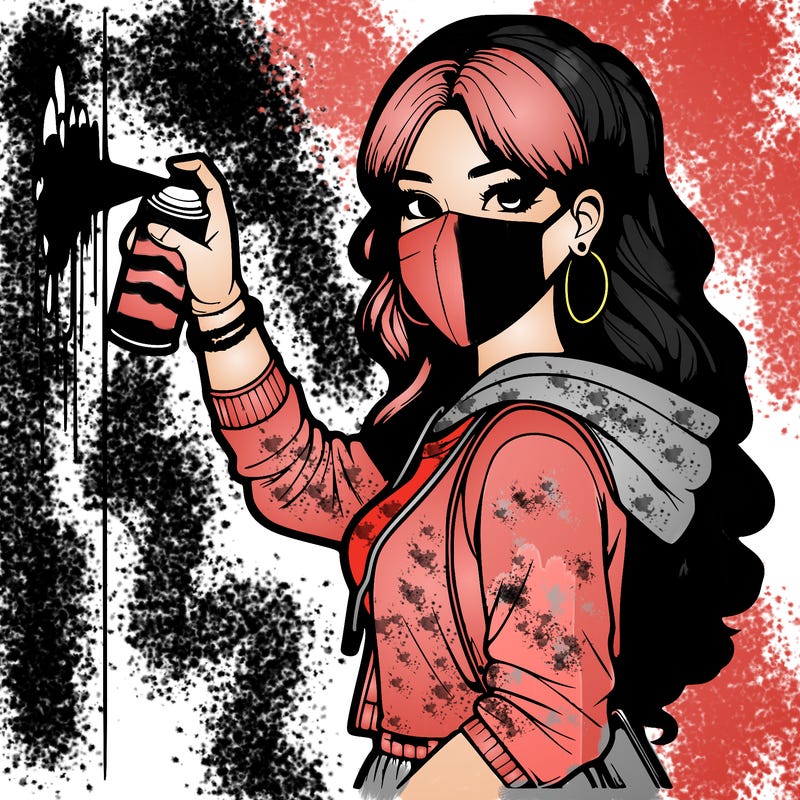 realistic girl with mask spray painting a wall