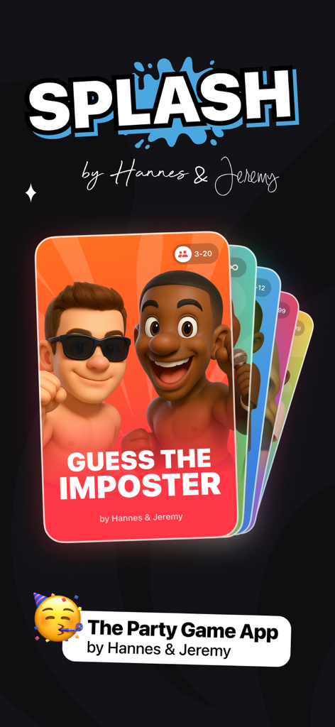 Imposter Game - Splash - Interfaccia principale dell'app di giochi per feste Splash con la carta di gioco "Indovina l'Impostore" con avatar cartooneschi.