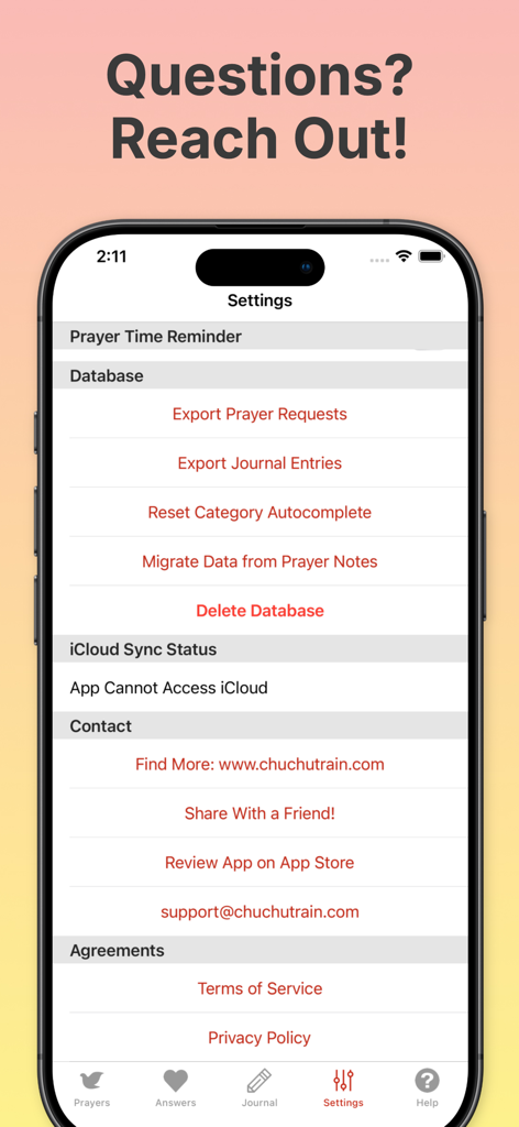 Settings screen of the Amen Prayer Journal app showing database and contact options