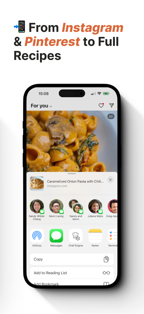 Chef Engine 앱 인터페이스, 인스타그램 게시물을 전체 레시피로 변환하는 방법 표시