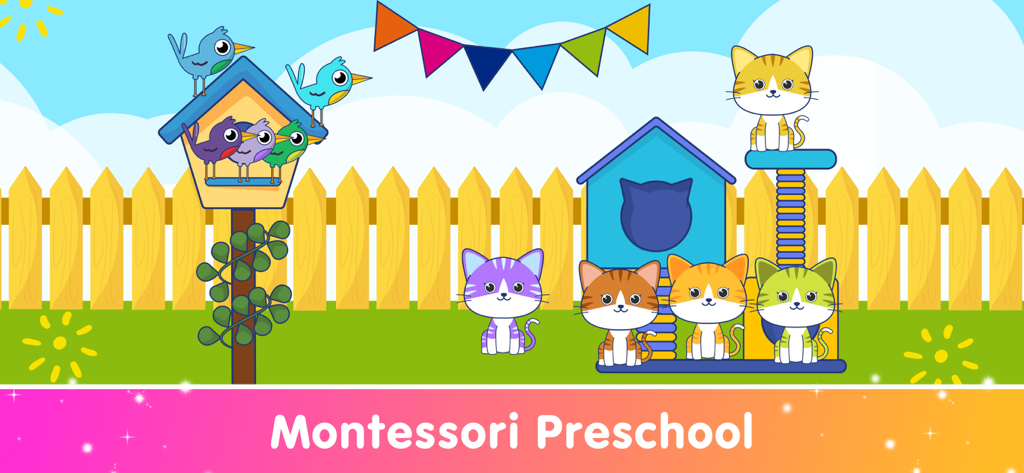 Kids Toddlers Learning Games - Interactive Montessori preschool learning scene with colorful birds and cats for kids and toddlers