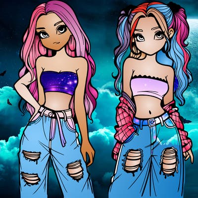 2 girls in crop tops and baggy jeans ripped