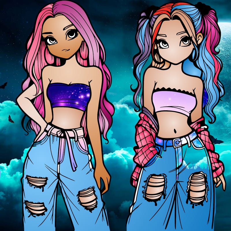 2 girls in crop tops and baggy jeans ripped