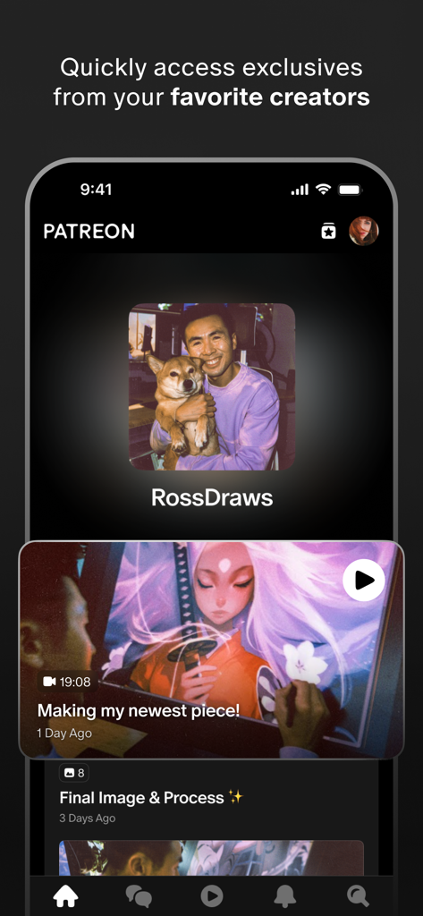 Patreon - Patreon app interface showing a creator profile and exclusive video and art posts