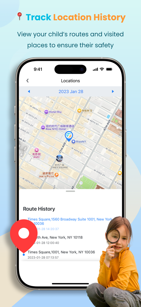 Interfaz de la aplicación KidsGuard Pro que muestra el rastreo de ubicación GPS y el historial de rutas en un mapa.