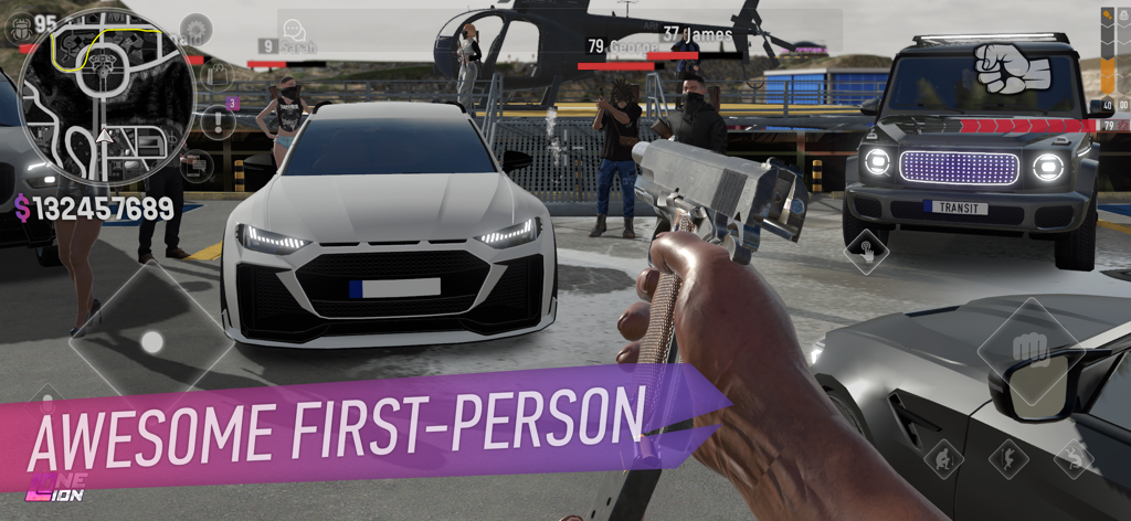 Prospettiva in prima persona in ONE LION che mostra un giocatore con una pistola e auto di lusso personalizzate.