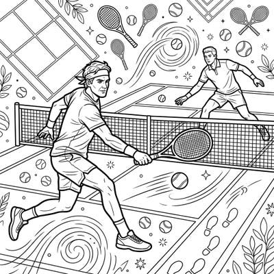 Dive into the exciting world of tennis with this captivating coloring page featuring two male athletes in the heat of a match. Perfect for sports enthusiasts, this detailed design offers a thrilling coloring experience.