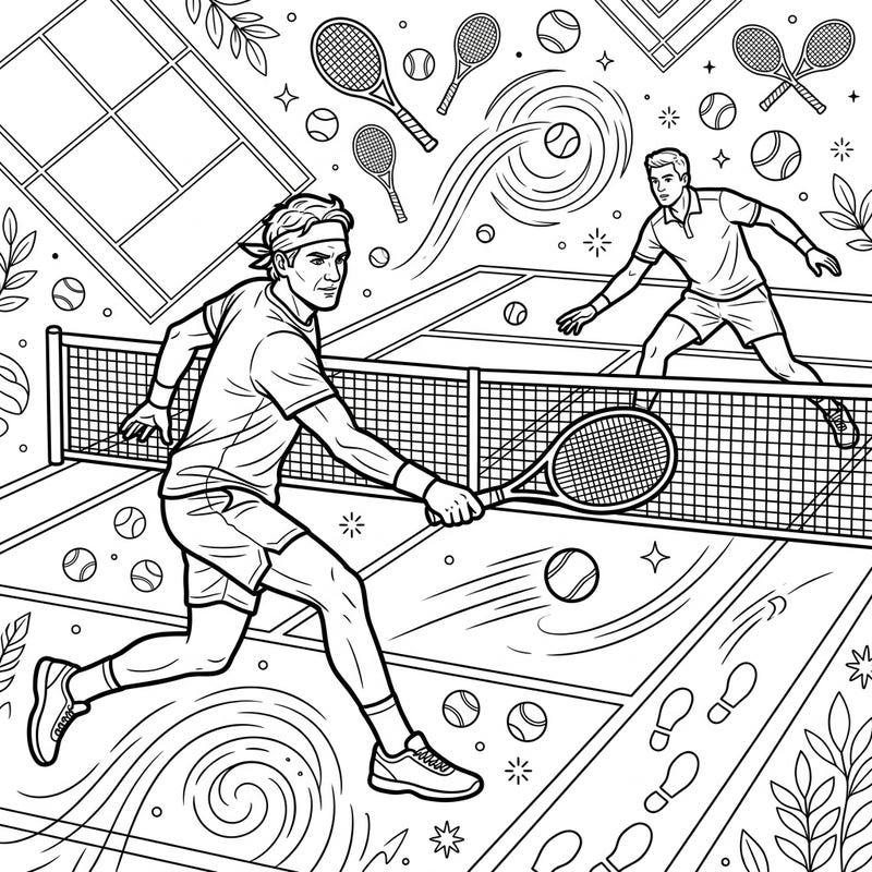 Dive into the exciting world of tennis with this captivating coloring page featuring two male athletes in the heat of a match. Perfect for sports enthusiasts, this detailed design offers a thrilling coloring experience.