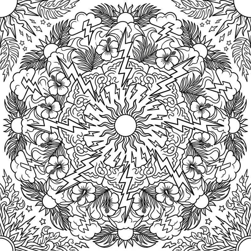 Experience the powerful beauty of nature with this striking Summer Lightning Mandala coloring page. This intricate design blends the energy of lightning bolts with the tranquility of a tropical summer scene, all within a mesmerizing mandala format.