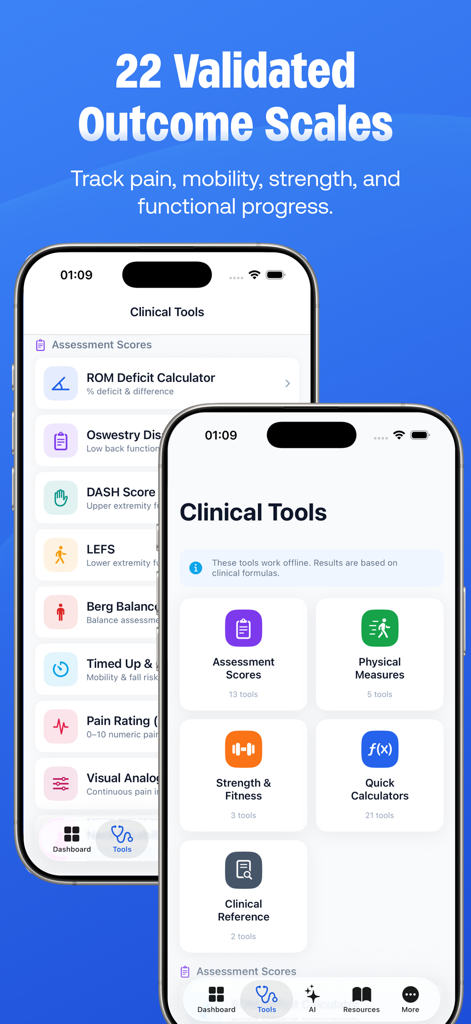 PhysioPocket: PT SOAP AI - PhysioPocket app interface showing a list of clinical tools and validated outcome scales for physical therapists.