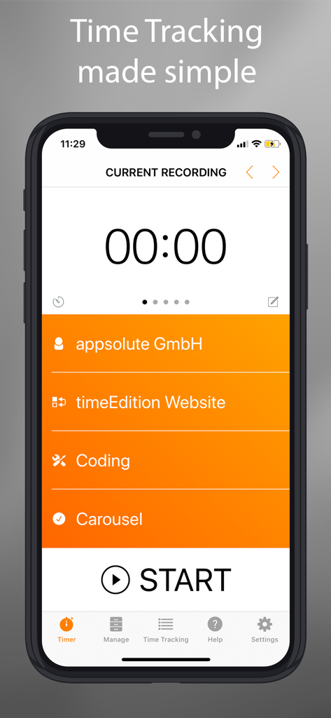 timeEdition - Time Tracking - The timeEdition app interface on iPhone featuring a zeroed timer and a start button.