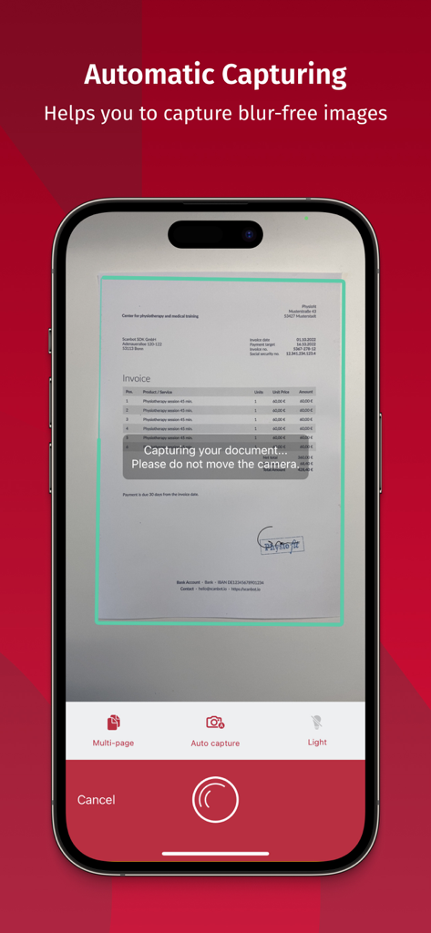 Scanbot SDK app interface showing automatic document capture of an invoice on a smartphone
