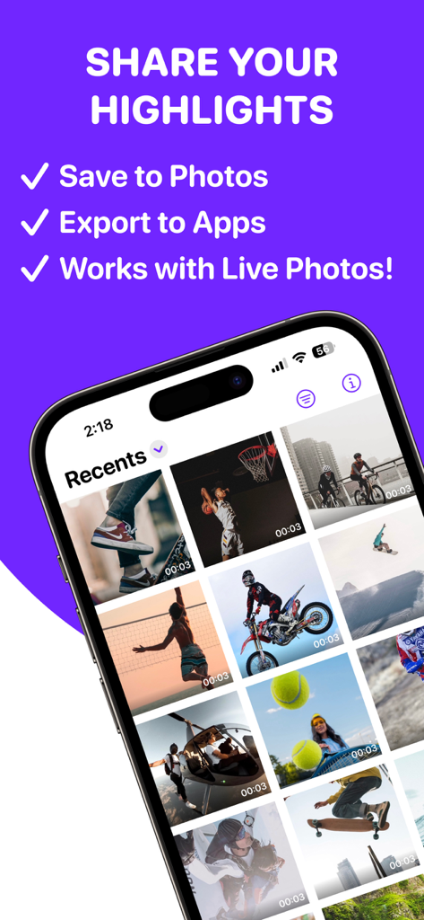 Frame Grabber - Aplicación móvil Frame Grabber mostrando una galería de vídeos con opciones para guardar y exportar momentos destacados de los vídeos.