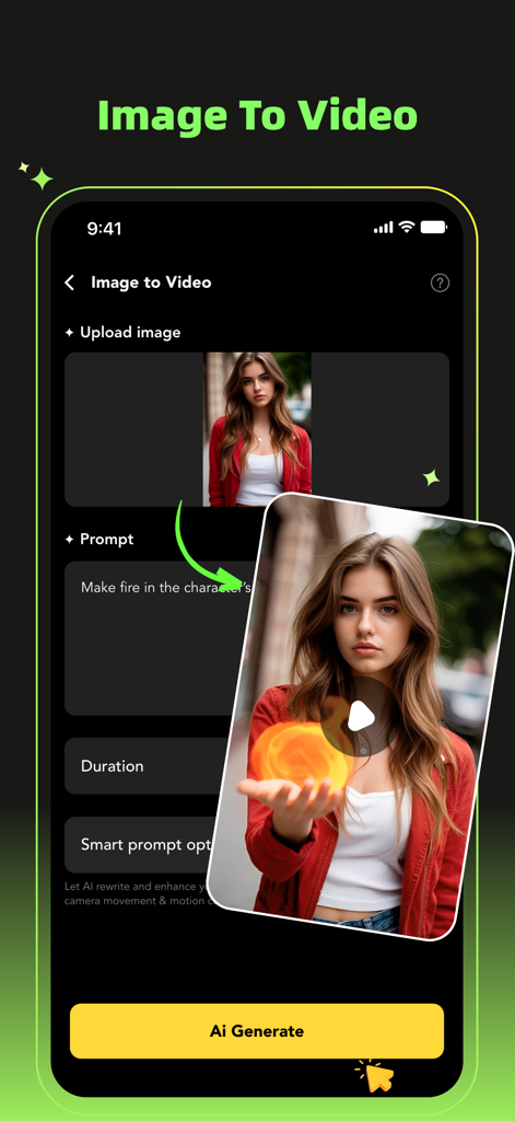 Maker AI Photo & Video Creator - Captura de pantalla de la aplicación Maker AI que muestra la función Imagen a Vídeo, donde una foto se transforma en un vídeo con un efecto de fuego