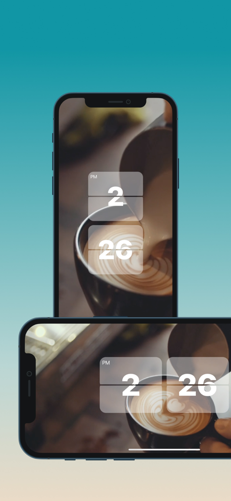 Heal Clock - Minimalist flip clock display on the Heal Clock app featuring a coffee latte background in portrait and landscape views