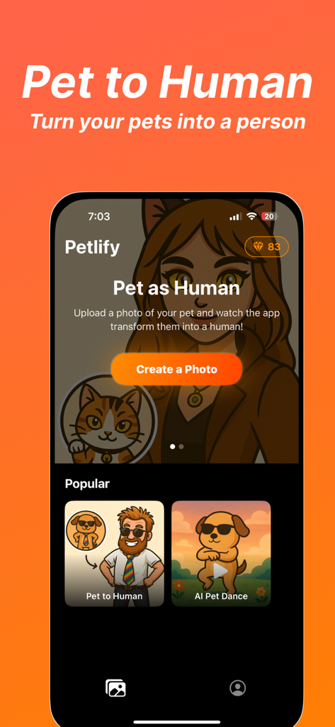 AI Pet Dance - Petlify Video - Interface do aplicativo Petlify apresentando a transformação de Pet para Humano com IA e ferramentas de AI Pet Dance
