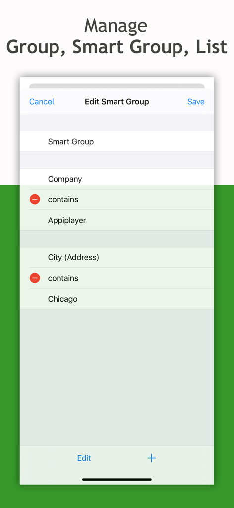 Smart Group: Email, SMS/Text - Interface for managing smart group criteria based on company and city