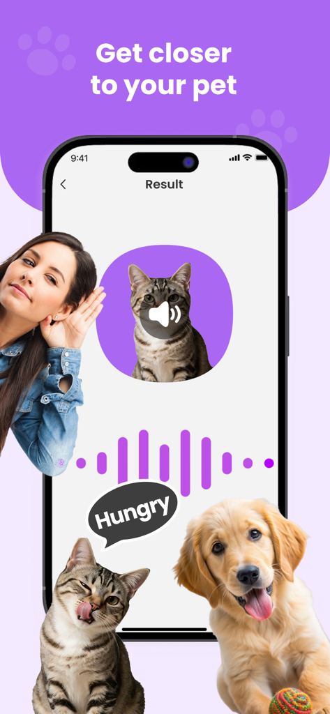 Pet Talk Translator app interface showing a simulated cat translation for the word hungry with a dog and cat image