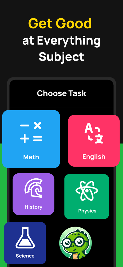 Studo: AI Homework Helper - Interfaz de la aplicación móvil Studo AI mostrando opciones de ayuda con tareas en Matemáticas, Inglés, Historia, Física y Ciencias