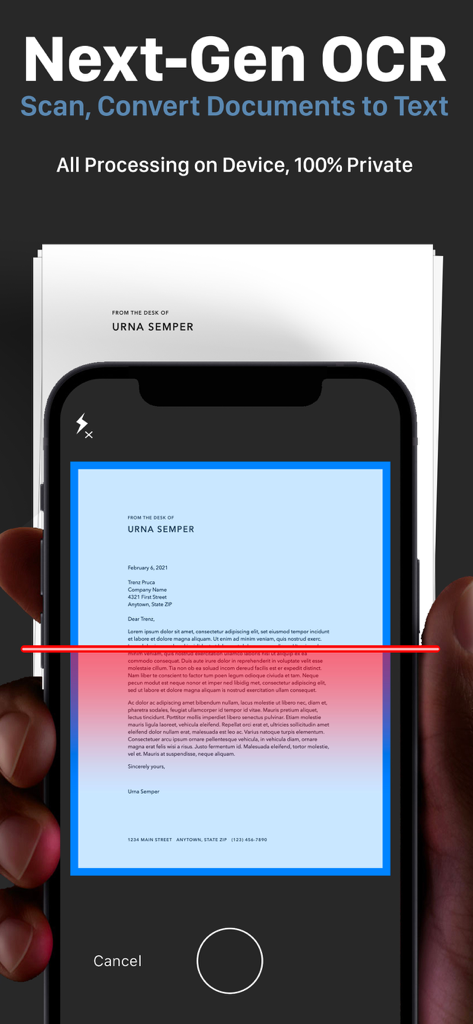 PDF Office Max Acrobat Expert - Pantalla de iPhone mostrando OCR de próxima generación escaneando un documento en papel para conversión privada de texto