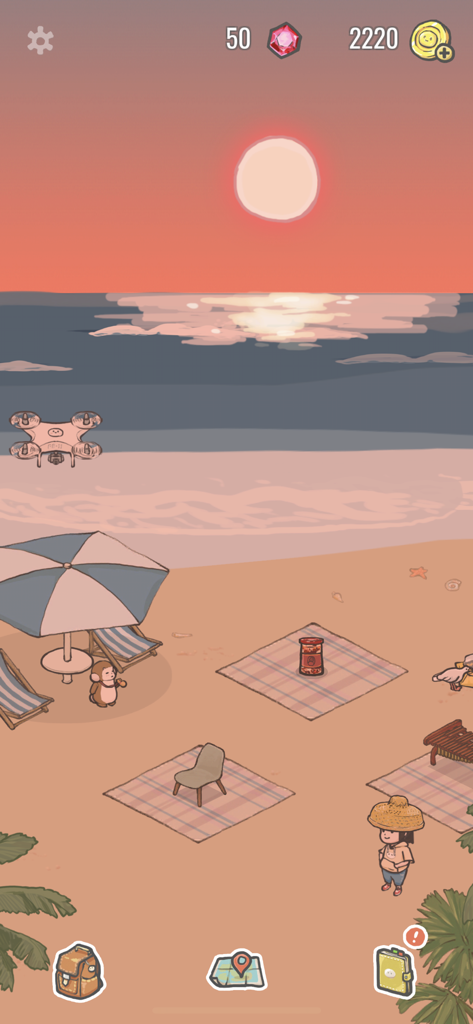 Tuana - A relaxing sunset beach scene in the Tuana mobile game with characters, picnic blankets, and a flying drone.